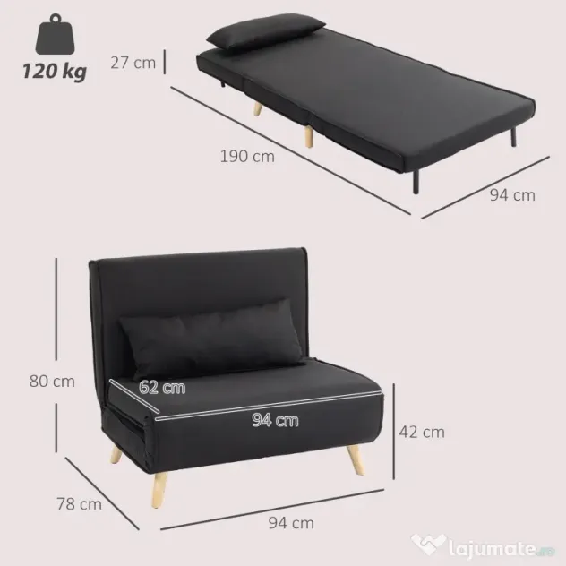 HOMCOM Fotoliu Pat Individual 3 în 1 cu Spătar Reglabil pe 6 Nivele și Pernă, Canapea Pat Pliant, 94x78x80 cm, Negru | Aosom Romania