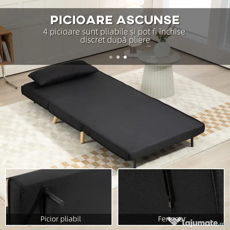 HOMCOM Fotoliu Pat Individual 3 în 1 cu Spătar Reglabil pe 6 Nivele și Pernă, Canapea Pat Pliant, 94x78x80 cm, Negru | Aosom Romania