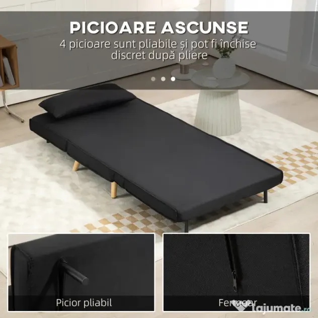 HOMCOM Fotoliu Pat Individual 3 în 1 cu Spătar Reglabil pe 6 Nivele și Pernă, Canapea Pat Pliant, 94x78x80 cm, Negru | Aosom Romania