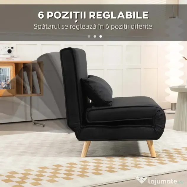 HOMCOM Fotoliu Pat Individual 3 în 1 cu Spătar Reglabil pe 6 Nivele și Pernă, Canapea Pat Pliant, 94x78x80 cm, Negru | Aosom Romania