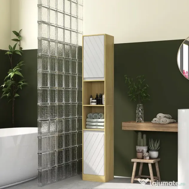 HOMCOM Dulap Baie Înalt Spațios, Mobilier de Baie cu 2 Dulapuri și Rafturi Reglabile, 30x24x170 cm, Lemn Natural | Aosom Romania