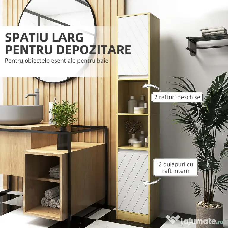 HOMCOM Dulap Baie Înalt Spațios, Mobilier de Baie cu 2 Dulapuri și Rafturi Reglabile, 30x24x170 cm, Lemn Natural | Aosom Romania