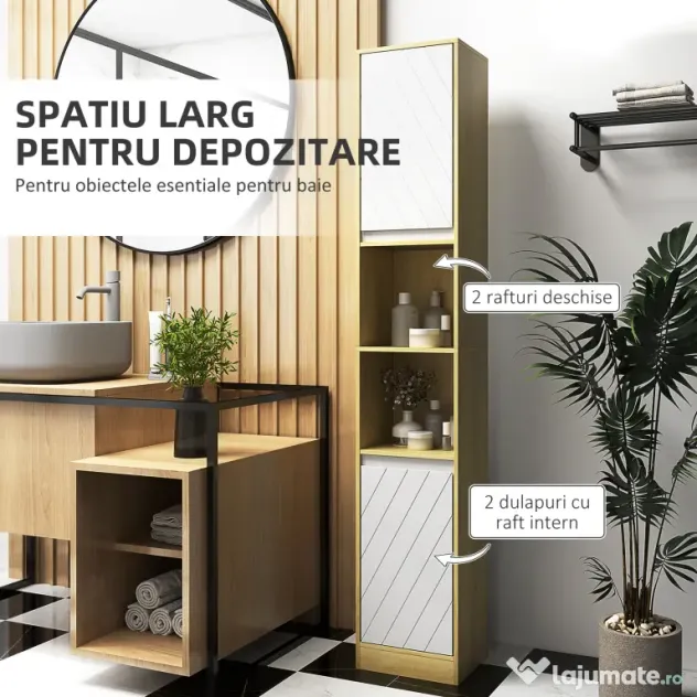 HOMCOM Dulap Baie Înalt Spațios, Mobilier de Baie cu 2 Dulapuri și Rafturi Reglabile, 30x24x170 cm, Lemn Natural | Aosom Romania