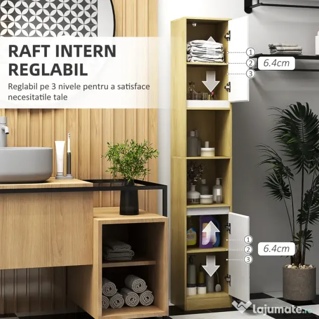 HOMCOM Dulap Baie Înalt Spațios, Mobilier de Baie cu 2 Dulapuri și Rafturi Reglabile, 30x24x170 cm, Lemn Natural | Aosom Romania