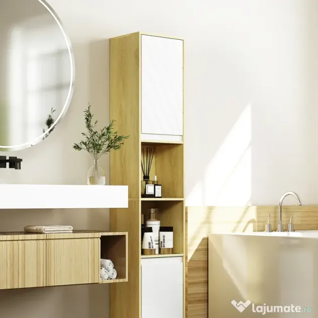 HOMCOM Dulap Baie Înalt Spațios, Mobilier de Baie cu 2 Dulapuri și Rafturi Reglabile, 30x24x170 cm, Lemn Natural | Aosom Romania
