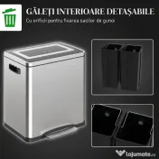 HOMCOM Coș de gunoi cu 2 compartimente de 15L, cu pedală și capac silențios, din oțel inoxidabil și PP, 40x34,8x47,5 cm 