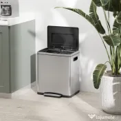 HOMCOM Coș de gunoi cu 2 compartimente de 15L, cu pedală și capac silențios, din oțel inoxidabil și PP, 40x34,8x47,5 cm 