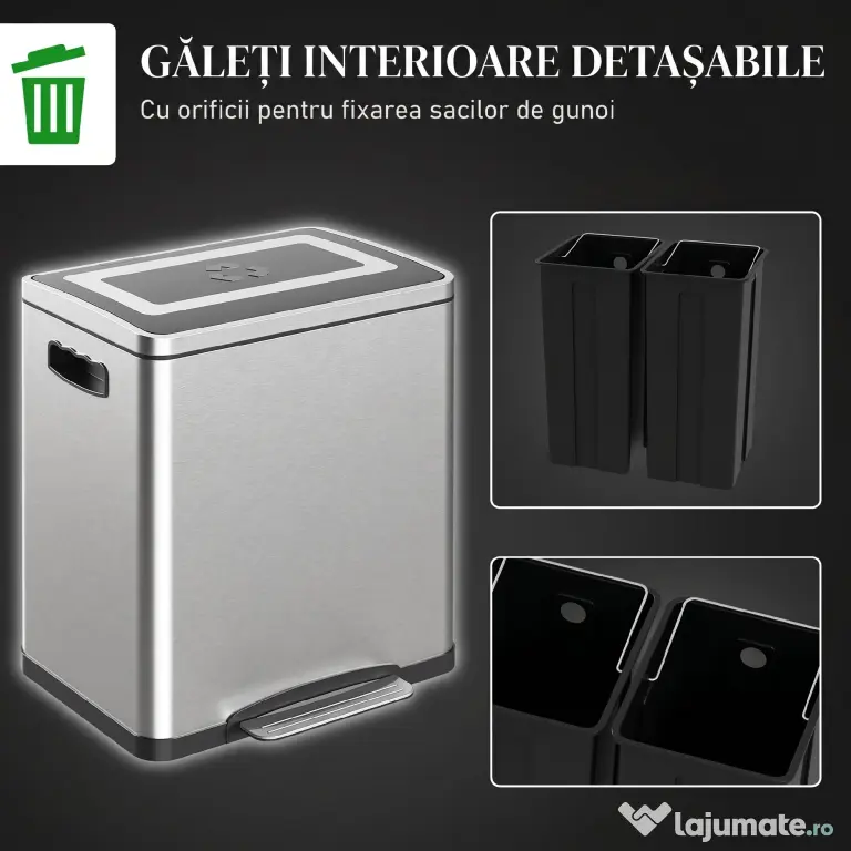 HOMCOM Coș de Gunoi cu 2 Secțiuni de 15L cu Pedală și Capac cu Închidere Lină, 40x34,8x47,5 cm, Argintiu | Aosom Romania