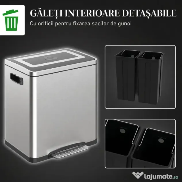 HOMCOM Coș de Gunoi cu 2 Secțiuni de 15L cu Pedală și Capac cu Închidere Lină, 40x34,8x47,5 cm, Argintiu | Aosom Romania