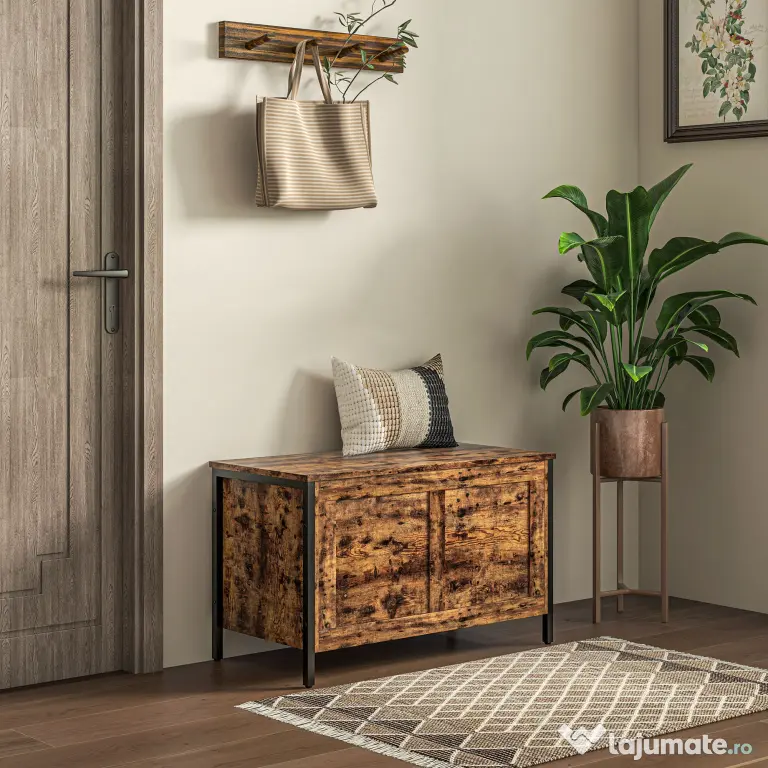 HOMCOM Bancă de Depozitare de 95L în Stil Industrial cu Capac cu Balamale de Siguranță, 80x40x49 cm, Maro Rustic | Aosom Romania