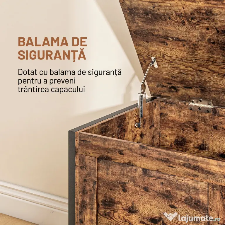 HOMCOM Bancă de Depozitare de 95L în Stil Industrial cu Capac cu Balamale de Siguranță, 80x40x49 cm, Maro Rustic | Aosom Romania