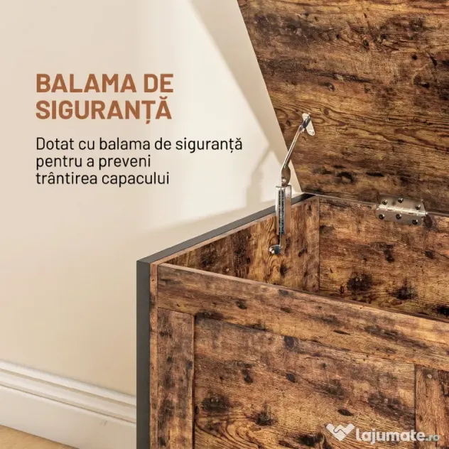 HOMCOM Bancă de Depozitare de 95L în Stil Industrial cu Capac cu Balamale de Siguranță, 80x40x49 cm, Maro Rustic | Aosom Romania