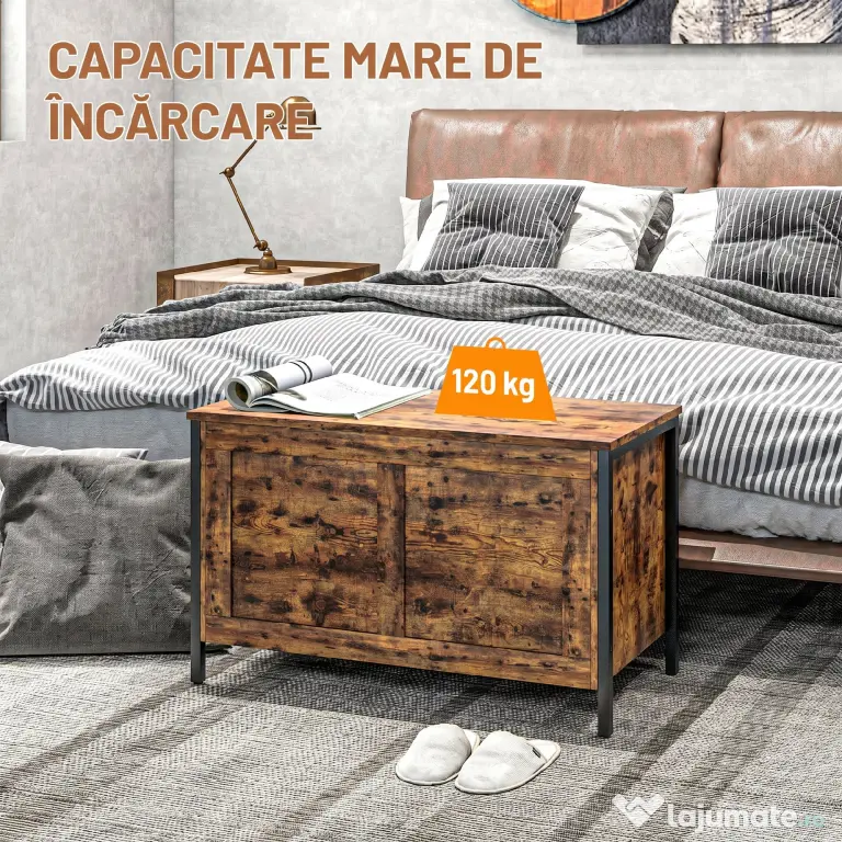 HOMCOM Bancă de Depozitare de 95L în Stil Industrial cu Capac cu Balamale de Siguranță, 80x40x49 cm, Maro Rustic | Aosom Romania