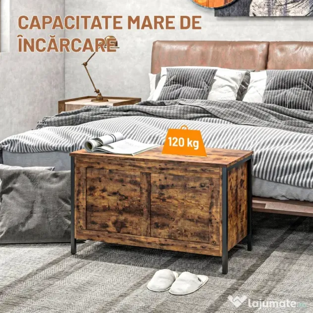 HOMCOM Bancă de Depozitare de 95L în Stil Industrial cu Capac cu Balamale de Siguranță, 80x40x49 cm, Maro Rustic | Aosom Romania