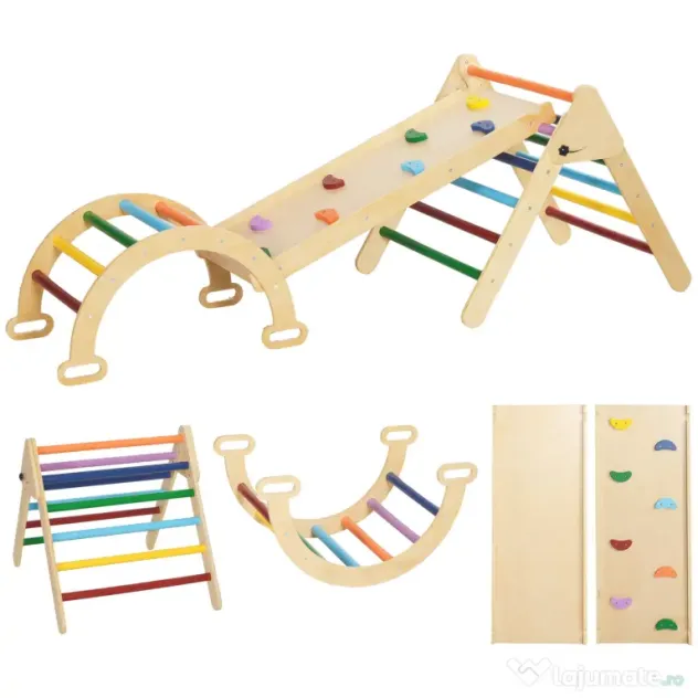 AIYAPLAY Set de Cățărat pentru Copii 5 în 1 cu Triunghi, Arcadă și Rampă, Perfect pentru Copii, 178x64,5x63 cm, Multicolor | Aosom Romania