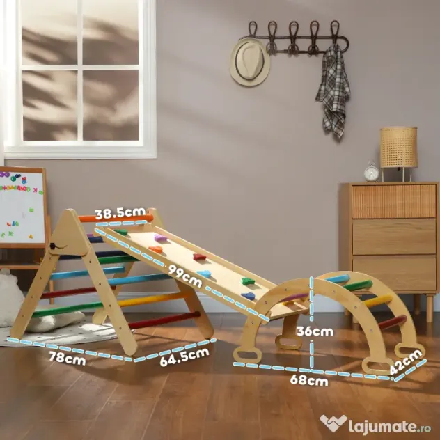 AIYAPLAY Set de Cățărat pentru Copii 5 în 1 cu Triunghi, Arcadă și Rampă, Perfect pentru Copii, 178x64,5x63 cm, Multicolor | Aosom Romania