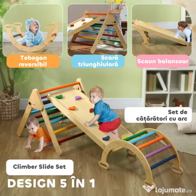 AIYAPLAY Set de Cățărat pentru Copii 5 în 1 cu Triunghi, Arcadă și Rampă, Perfect pentru Copii, 178x64,5x63 cm, Multicolor | Aosom Romania