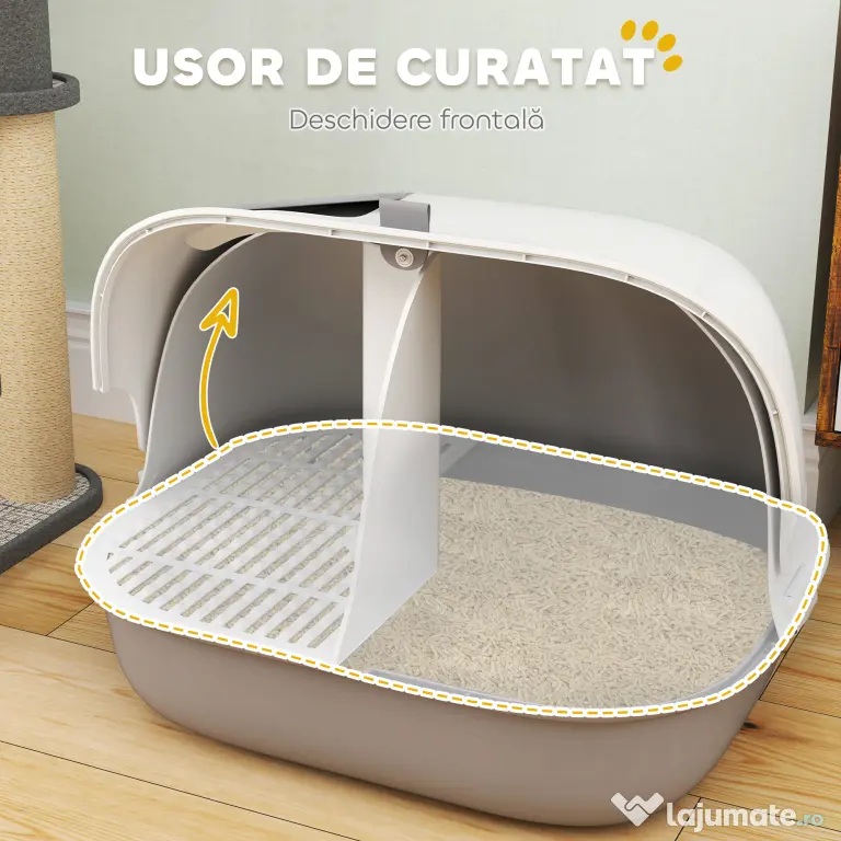 PawHut Litieră pentru Pisici Închisă cu Capac, Lopățică și Ușă din PP, 58x46x39 cm, Gri Deschis | Aosom Romania