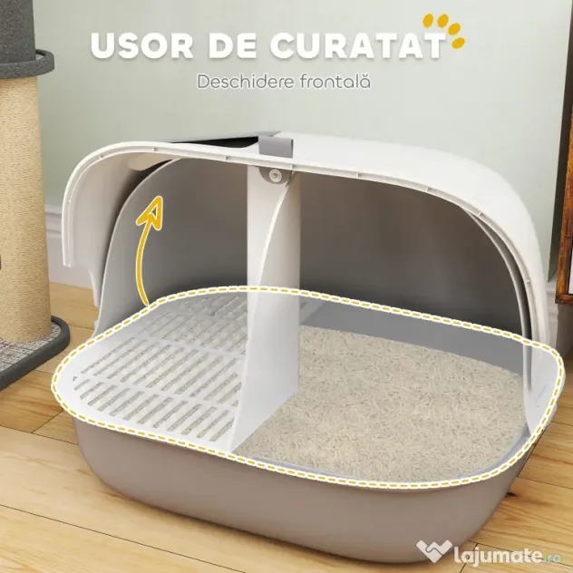 PawHut Litieră pentru Pisici Închisă cu Capac, Lopățică și Ușă din PP, 58x46x39 cm, Gri Deschis | Aosom Romania