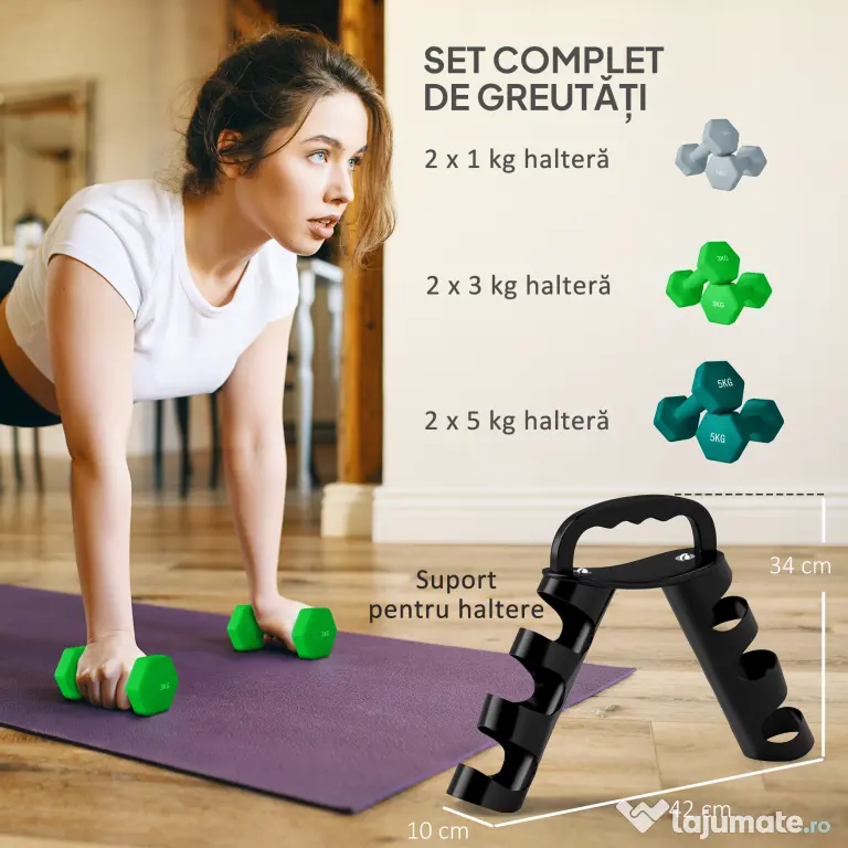 SPORTNOW Set de haltere cu suport, 3 perechi de greutăți de 2 x 1 kg, 2 x 3 kg, 2 x 5 kg, Multicolor | Aosom Romania