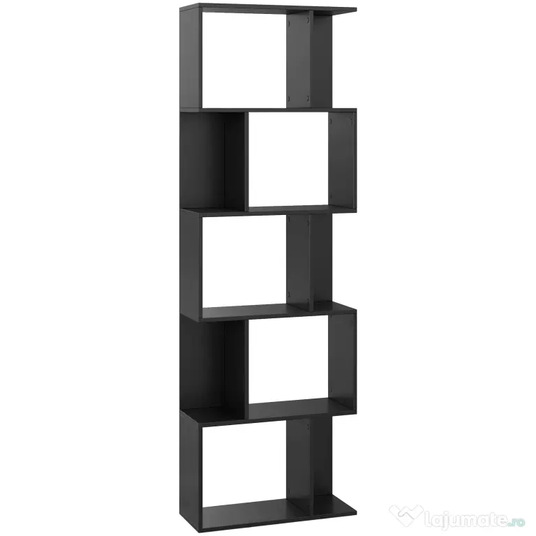 HOMCOM Bibliotecă cu 5 Rafturi Divizate în Formă de S din Lemn, 60x24x184.5 cm, Negru | Aosom Romania