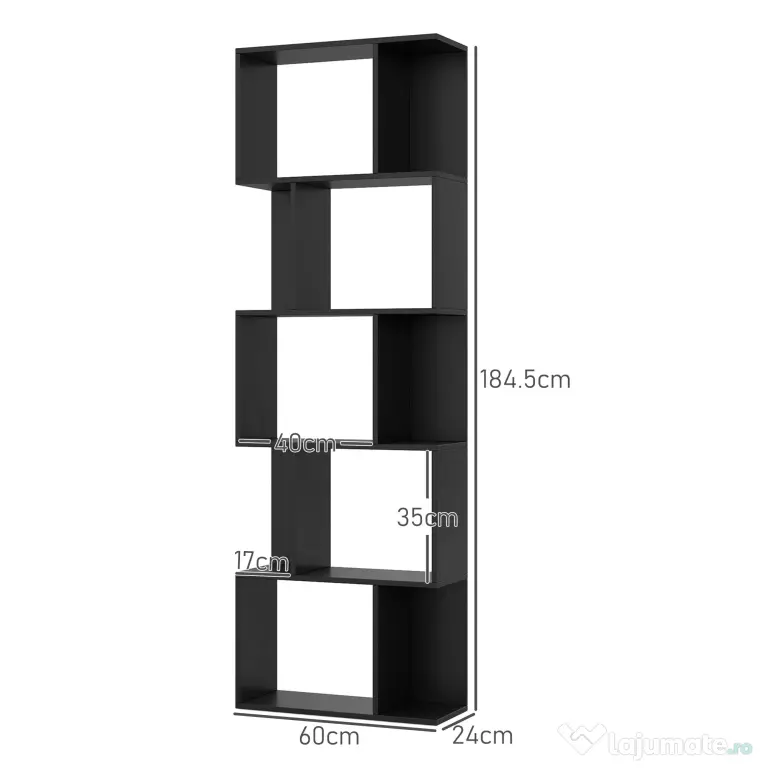 HOMCOM Bibliotecă cu 5 Rafturi Divizate în Formă de S din Lemn, 60x24x184.5 cm, Negru | Aosom Romania