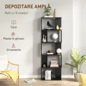 HOMCOM Bibliotecă cu 5 Rafturi Divizate în Formă de S din Lemn, 60x24x184.5 cm, Negru | Aosom Romania 