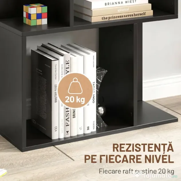 HOMCOM Bibliotecă cu 5 Rafturi Divizate în Formă de S din Lemn, 60x24x184.5 cm, Negru | Aosom Romania