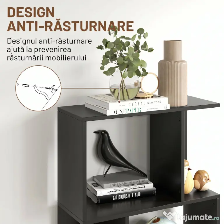 HOMCOM Bibliotecă cu 5 Rafturi Divizate în Formă de S din Lemn, 60x24x184.5 cm, Negru | Aosom Romania