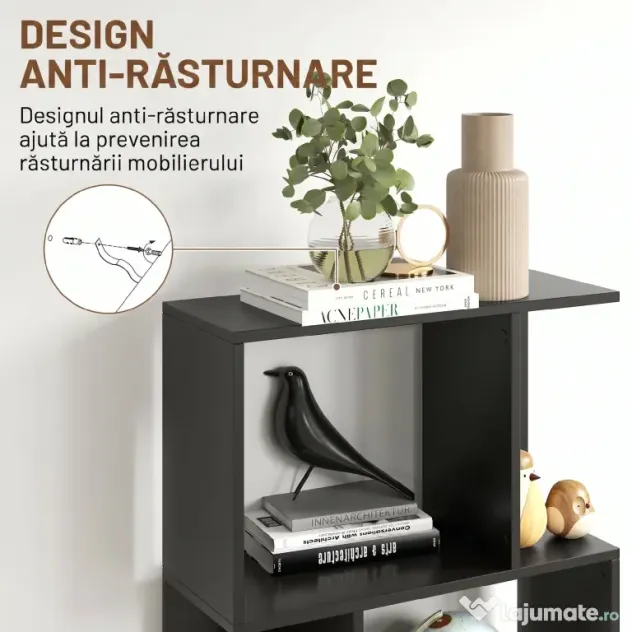 HOMCOM Bibliotecă cu 5 Rafturi Divizate în Formă de S din Lemn, 60x24x184.5 cm, Negru | Aosom Romania