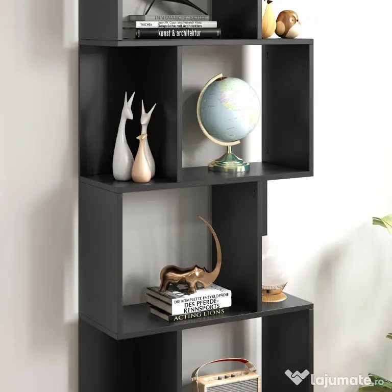 HOMCOM Bibliotecă cu 5 Rafturi Divizate în Formă de S din Lemn, 60x24x184.5 cm, Negru | Aosom Romania
