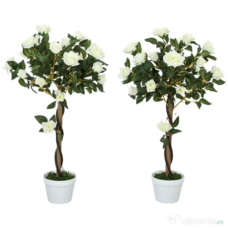 Outsunny Plantă artificială de trandafir cu 21 de flori și ghiveci umplut cu ciment și mușchi, Ø18x90 cm, albă