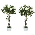 Outsunny Plantă artificială de trandafir cu 21 de flori și ghiveci umplut cu ciment și mușchi, Ø18x90 cm, albă