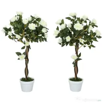 Outsunny Plantă artificială de trandafir cu 21 de flori și ghiveci umplut cu ciment și mușchi, Ø18x90 cm, albă
