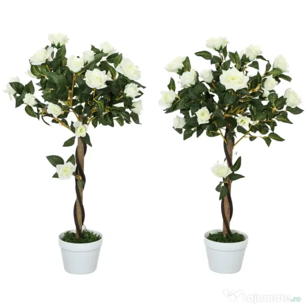 Outsunny Plantă artificială de trandafir cu 21 de flori și ghiveci umplut cu ciment și mușchi, Ø18x90 cm, albă