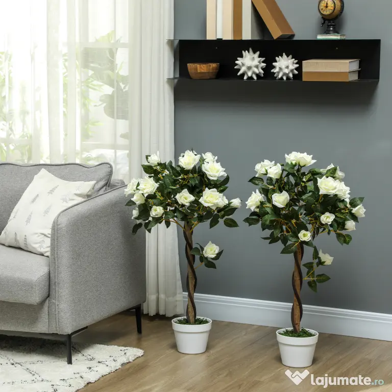 Outsunny Plantă artificială de trandafir cu 21 de flori și ghiveci umplut cu ciment și mușchi, Ø18x90 cm, albă