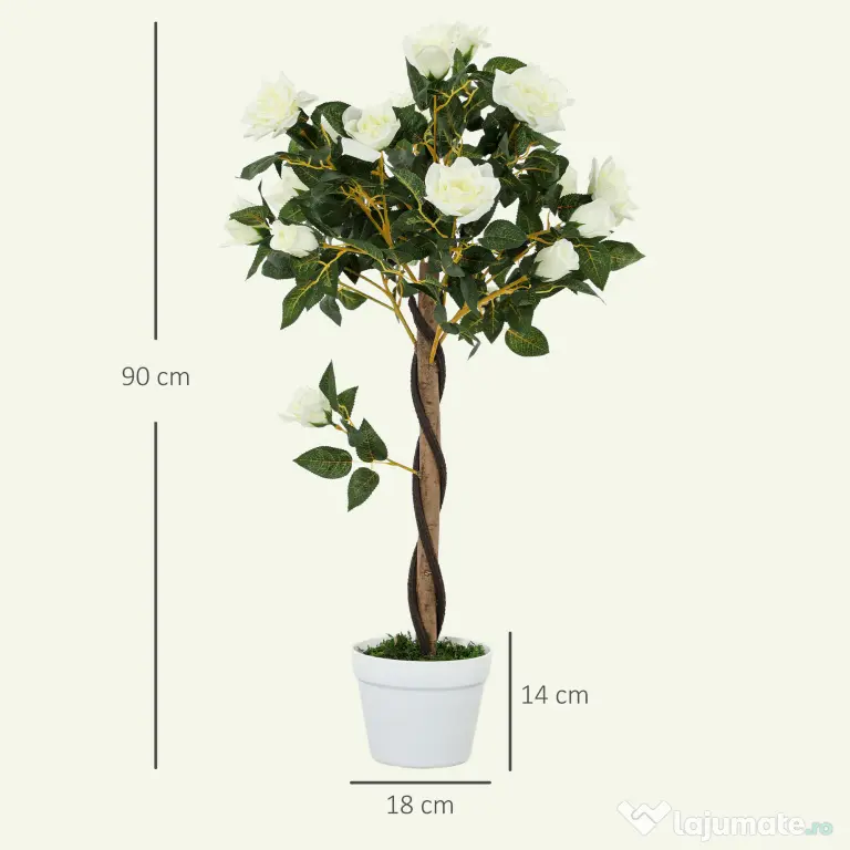 Outsunny Plantă artificială de trandafir cu 21 de flori și ghiveci umplut cu ciment și mușchi, Ø18x90 cm, albă