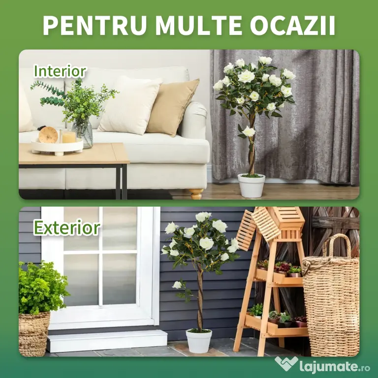 Outsunny Plantă artificială de trandafir cu 21 de flori și ghiveci umplut cu ciment și mușchi, Ø18x90 cm, albă