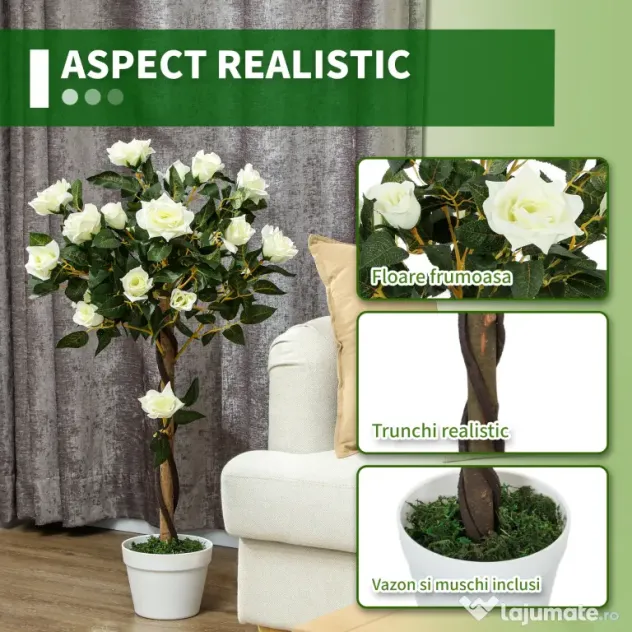 Outsunny Plantă artificială de trandafir cu 21 de flori și ghiveci umplut cu ciment și mușchi, Ø18x90 cm, albă