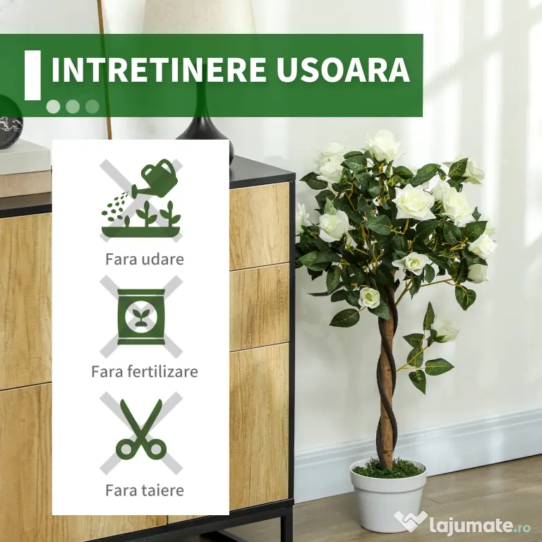 Outsunny Plantă artificială de trandafir cu 21 de flori și ghiveci umplut cu ciment și mușchi, Ø18x90 cm, albă