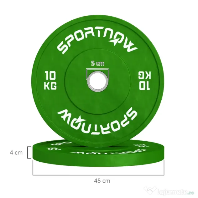 SPORTNOW Set de 2 Discuri Greutăți 2x10 kg din Cauciuc, cu Gaură de 5 cm pentru Gantere și Grijuri, Ø45x4 cm, Verde | Aosom Romania