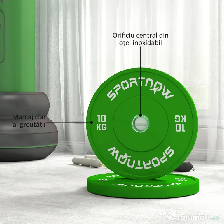 SPORTNOW Set de 2 Discuri Greutăți 2x10 kg din Cauciuc, cu Gaură de 5 cm pentru Gantere și Grijuri, Ø45x4 cm, Verde | Aosom Romania