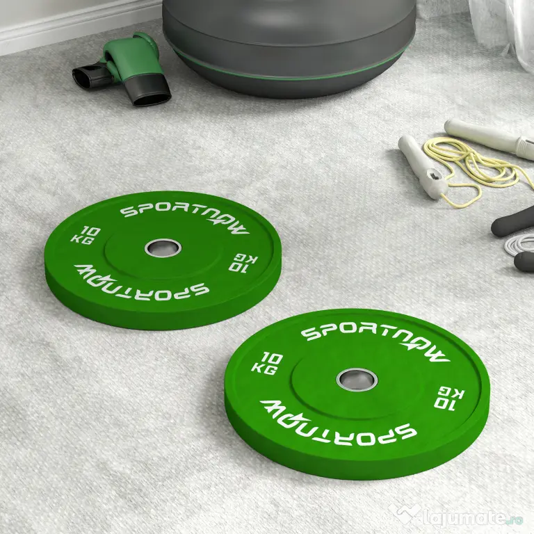 SPORTNOW Set de 2 Discuri Greutăți 2x10 kg din Cauciuc, cu Gaură de 5 cm pentru Gantere și Grijuri, Ø45x4 cm, Verde | Aosom Romania