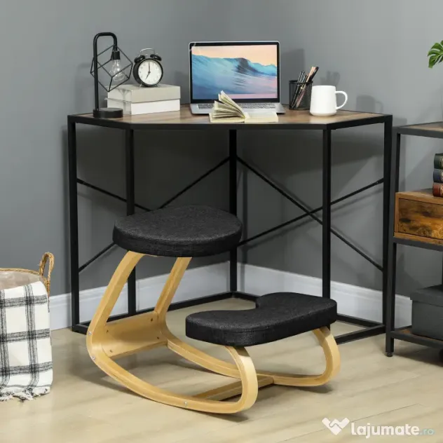 HOMCOM Scaun genunchi ergonomic, din Țesătură cu Aspect de In și Lemn, 50x73x55 cm, Negru | Aosom Romania