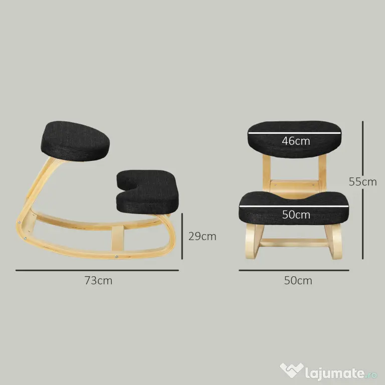 HOMCOM Scaun genunchi ergonomic, din Țesătură cu Aspect de In și Lemn, 50x73x55 cm, Negru | Aosom Romania