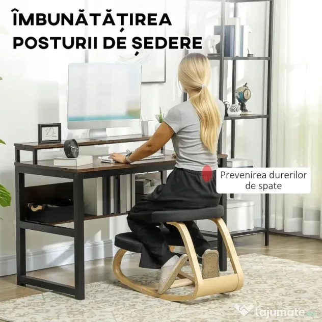 HOMCOM Scaun genunchi ergonomic, din Țesătură cu Aspect de In și Lemn, 50x73x55 cm, Negru | Aosom Romania