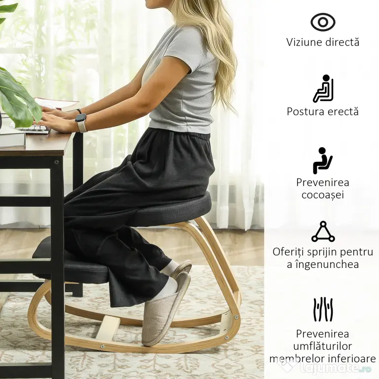 HOMCOM Scaun genunchi ergonomic, din Țesătură cu Aspect de In și Lemn, 50x73x55 cm, Negru | Aosom Romania