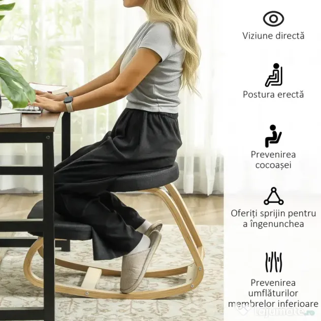 HOMCOM Scaun genunchi ergonomic, din Țesătură cu Aspect de In și Lemn, 50x73x55 cm, Negru | Aosom Romania