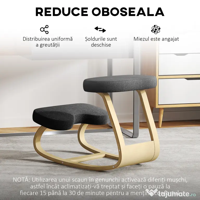 HOMCOM Scaun genunchi ergonomic, din Țesătură cu Aspect de In și Lemn, 50x73x55 cm, Negru | Aosom Romania