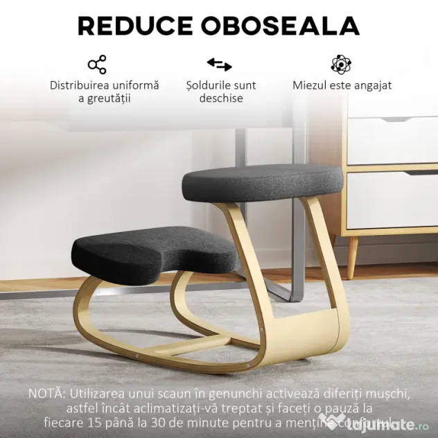 HOMCOM Scaun genunchi ergonomic, din Țesătură cu Aspect de In și Lemn, 50x73x55 cm, Negru | Aosom Romania